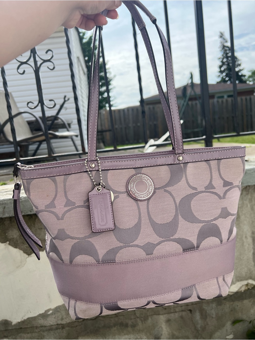Coach Lavender Signature Tote with Leather Trim